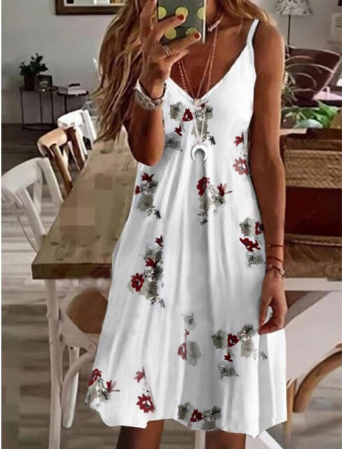 Frau in weißem Sommerkleid mit Blumenmuster, V-Ausschnitt, ärmellos, lässig, modisch.