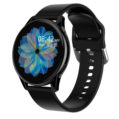 Schwarze Smartwatch mit rundem Display, digitaler Uhrzeit, Fitness-Tracker, modernes Design.