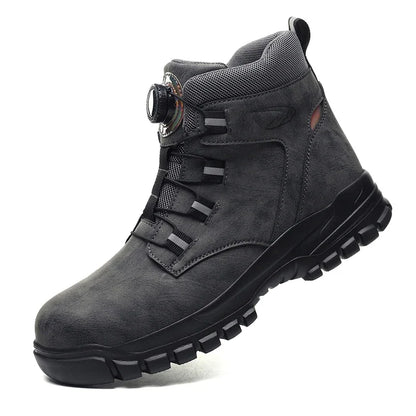 Knöchelhoher Arbeitsstiefel mit Drehverschluss in Grau mit schwarzer Sohle, Seitenansicht auf weißem Hintergrund 7