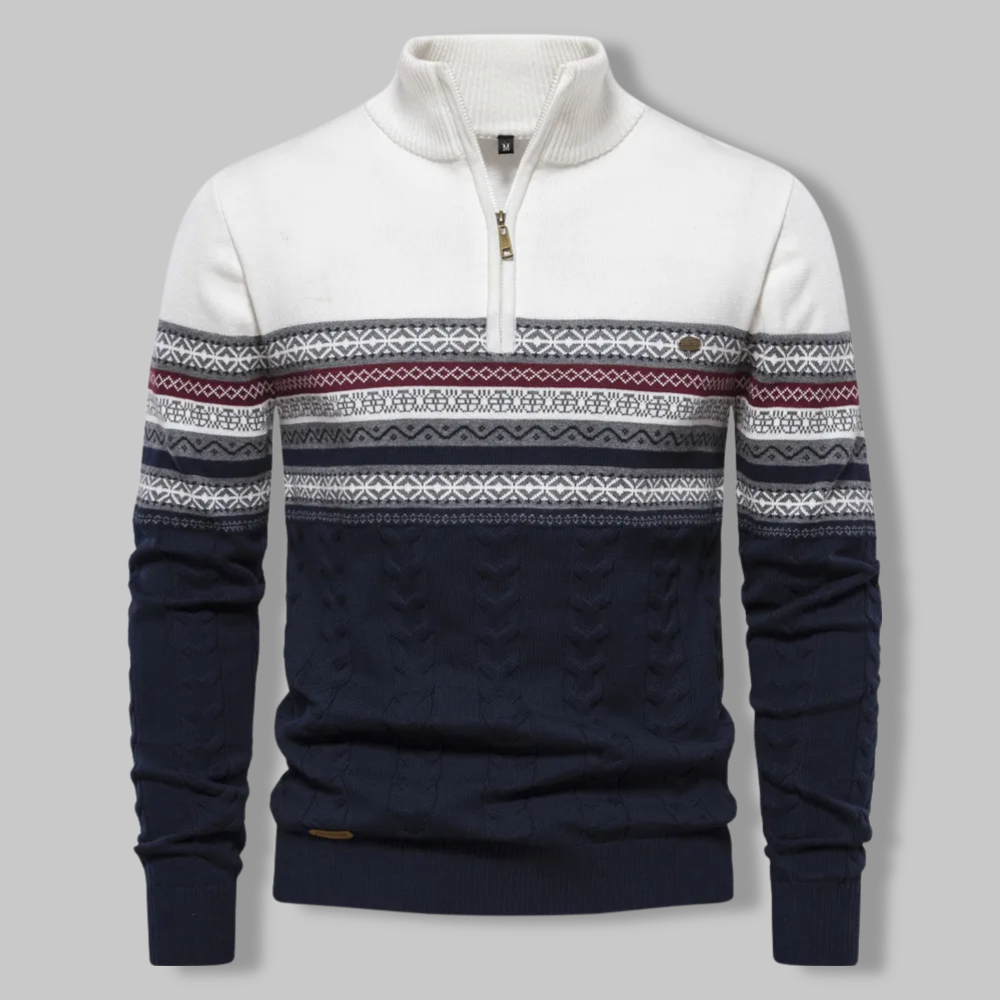 Herrenpullover mit Reißverschluss, Norwegermuster, weiß-blau, Strick, Wintermode, warm.
