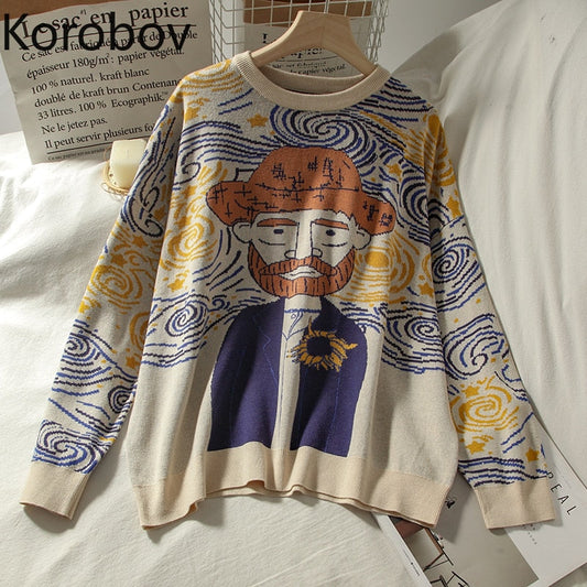 Beiger Pullover mit Van Gogh-Motiv, Baumwolle, Unisex, Kunstdesign, modisch, bequem.