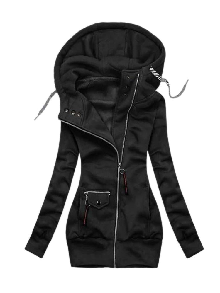 Schwarzer Damen-Kapuzenpullover mit Reißverschluss, modisch, bequem, Freizeitkleidung.