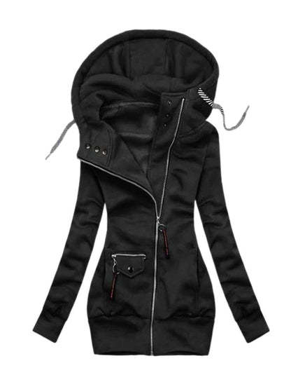 Schwarzer Damen-Kapuzenpullover mit Reißverschluss, modisch, bequem, Freizeitkleidung.