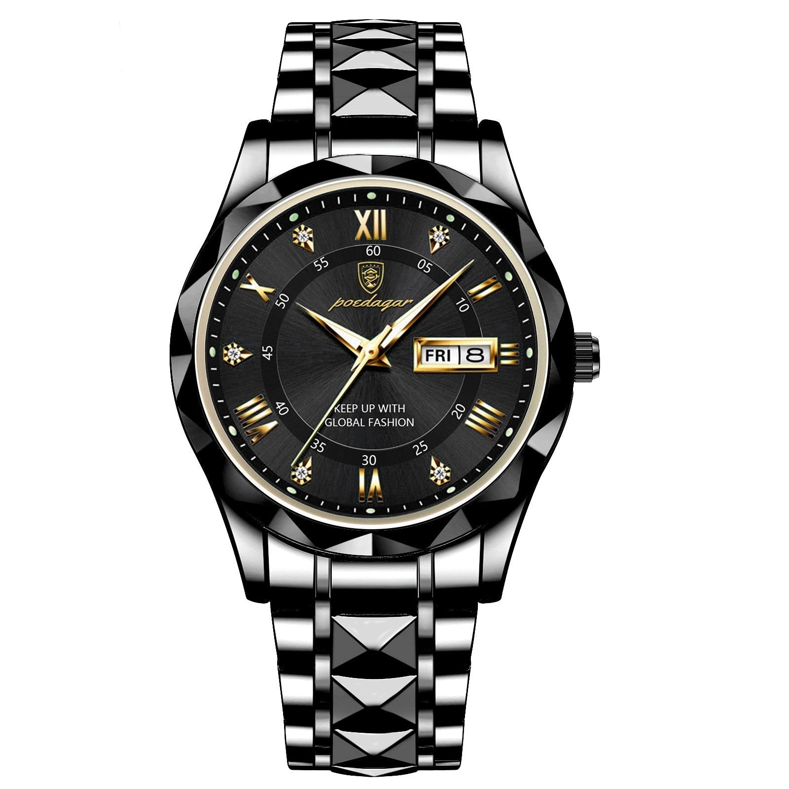 Luxus Herrenarmbanduhr, schwarz, Edelstahl, analog, römische Ziffern, Datum, modisch