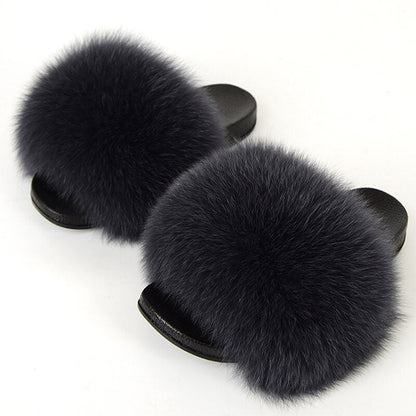 Schwarze Pelz-Pantoffeln, flauschig, Damen, modisch, bequem, rutschfest, Indoor-Slipper.
