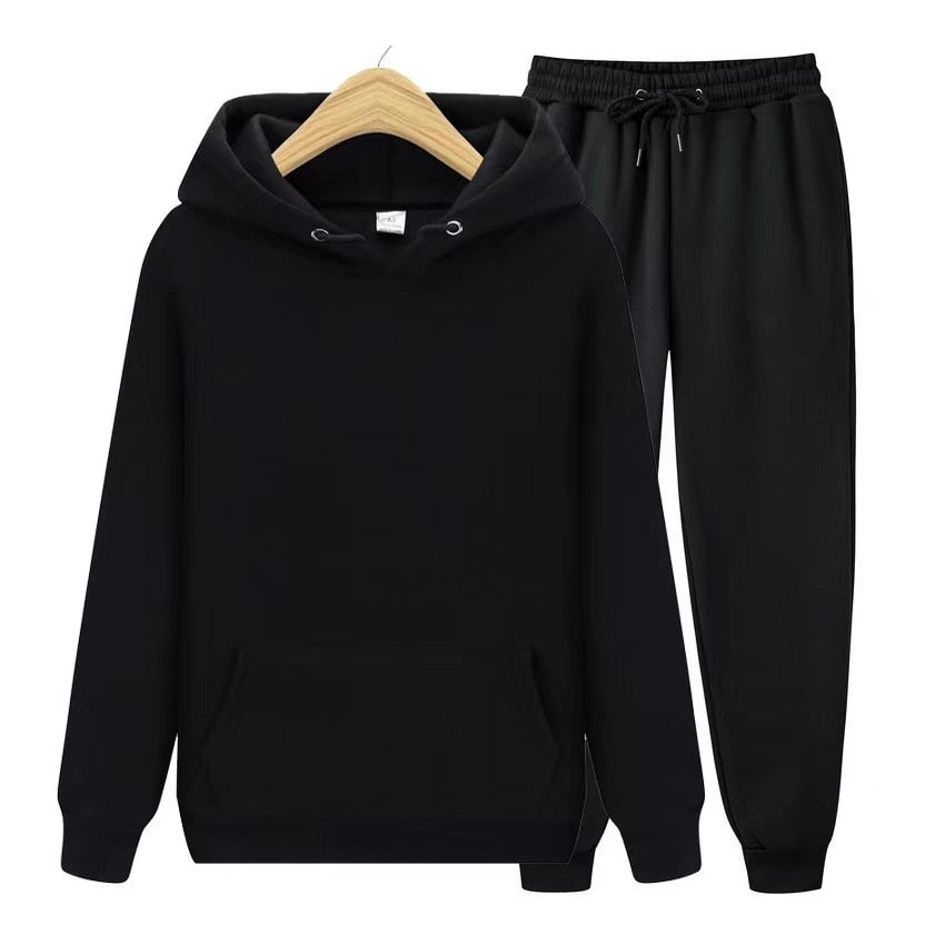 Schwarzer Hoodie und Jogginghose Set, Unisex, Baumwolle, bequem, Freizeitkleidung.