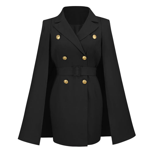 Schwarzer Damen-Cape-Blazer mit goldenen Knöpfen, elegantes Design, modische Oberbekleidung.