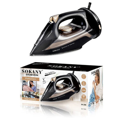 Schwarzes Sokany Dampfbügeleisen SK-208 mit Verpackung, leistungsstark, modern, effizient.