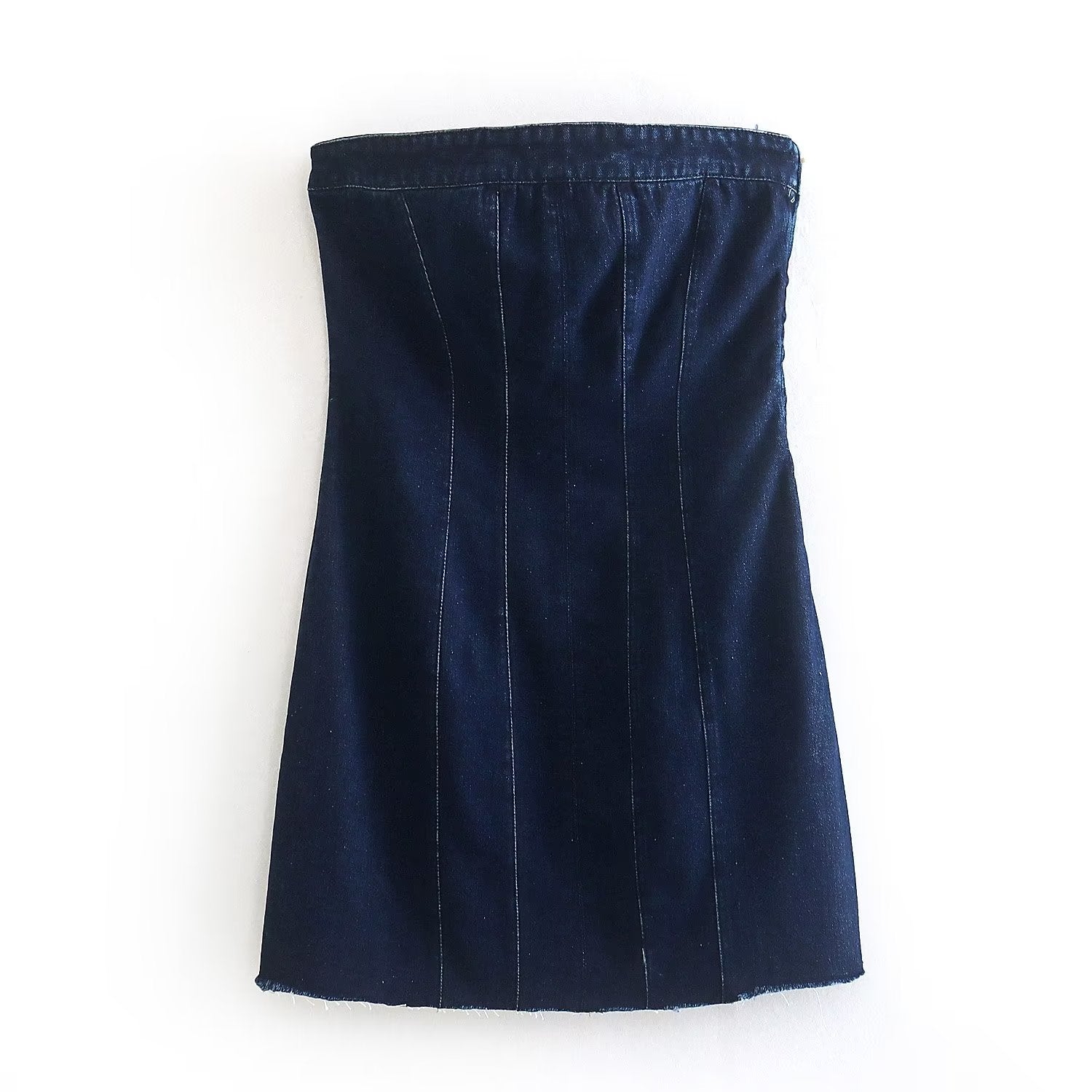 Dunkelblauer Jeans-Corsage, ärmellos, figurbetont, Damenmode, elegantes Design.