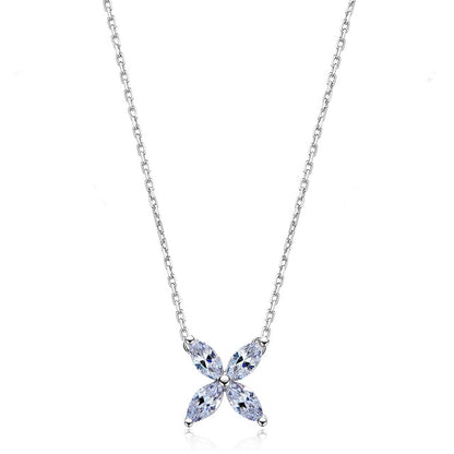 Silberne Halskette mit moissanitbesetztem Blumenanhänger, eleganter Schmuck, Damenaccessoire.