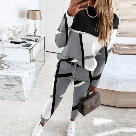 Farbblock-Patchwork-Damen-Set, schwarz-weiß-grau, Sweatshirt und Jogginghose, modisch.