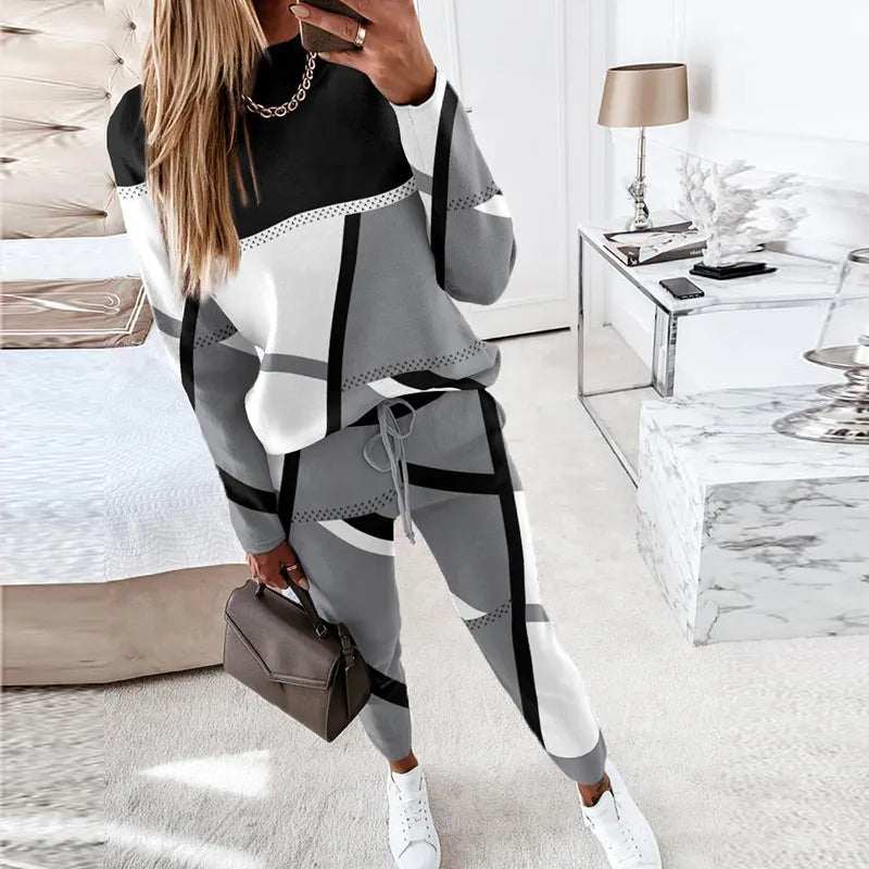 Farbblock-Patchwork Damen-Set, grau-schwarz, Sweatshirt und Jogginghose, modisch, bequem.