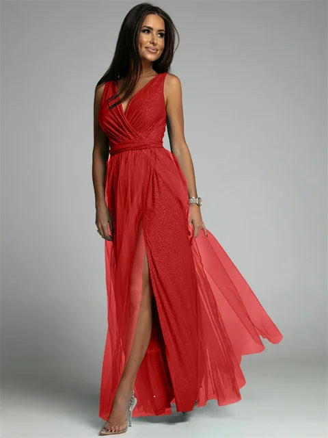 Rotes ärmelloses Abendkleid Damen, V-Ausschnitt, elegantes Design, Partykleid, glänzend.