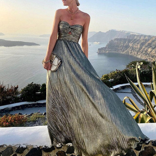 Maxi-Sommerkleid mit V-Ausschnitt und Taillenbetonung – Rosa
