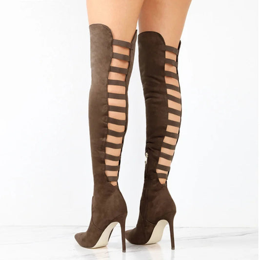 Braune Overknee-Stiefel Damen, spitze Zehen, hohle Absätze, modisch, sexy, Wildleder-Optik.