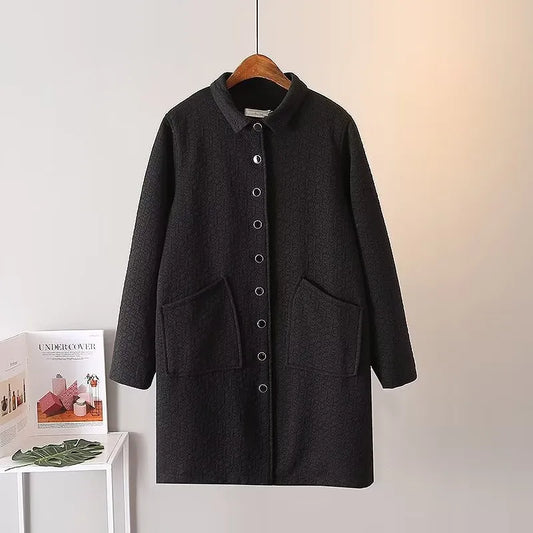 Schwarzer Wollmantel mit Knopfleiste, Taschen, elegantes Design, Damenmode, Herbst/Winter.