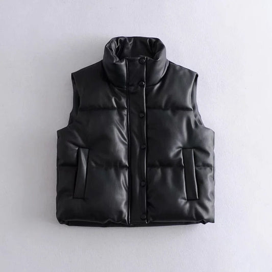 Schwarze gesteppte Weste, ärmellos, mit Knöpfen, modisch, warm, für Herbst und Winter.