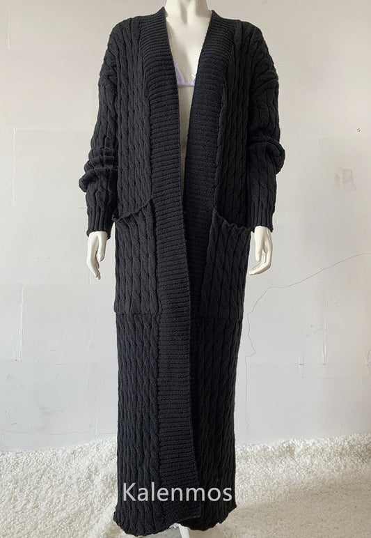 Schwarzer Strick-Cardigan aus Wolle, lang, mit Taschen, Damenmode, Herbst-Winter-Kleidung.