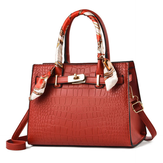 Rote Krokodilleder-Handtasche mit Schal, Damenmode, elegantes Design, Schulterriemen.