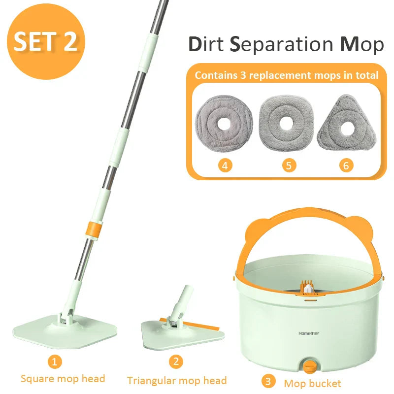 Set mit Wischmopp, Eimer und 3 Ersatzmopps, quadratischer und dreieckiger Kopf, Schmutztrennung.