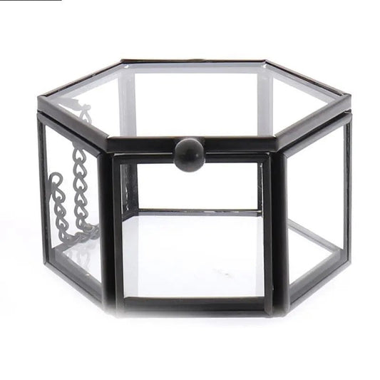Sechseckige Glasbox mit schwarzem Metallrahmen, Schmuckaufbewahrung, transparent, modern.