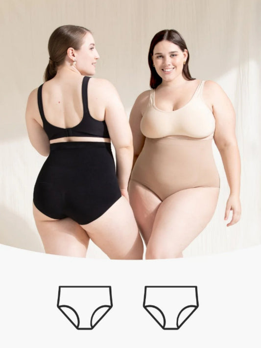 Zwei Frauen in Shapewear-Panties, schwarz und beige, nahtlos, figurformend, Plus-Size-Mode.