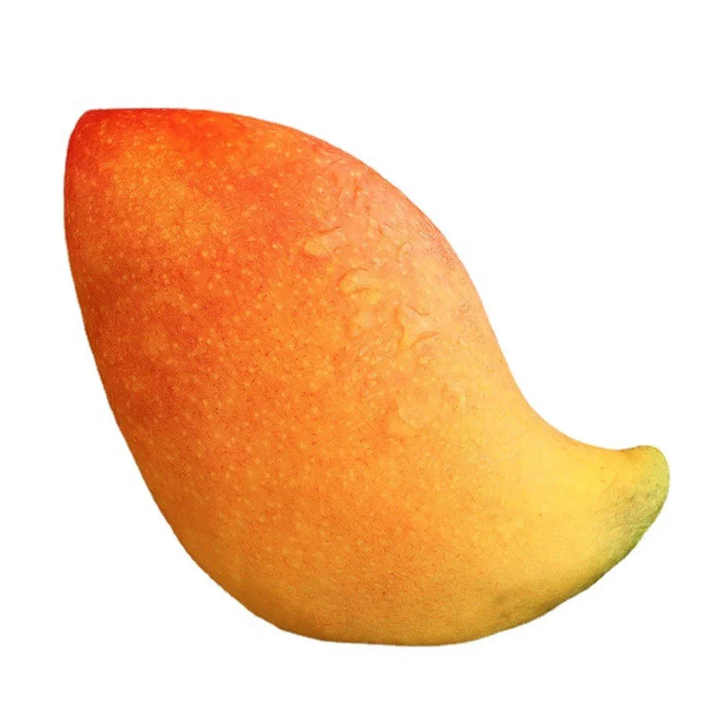 Kissen in Mangofruchtform, gelb-orange, Dekokissen, weiches Material, realistische Optik.
