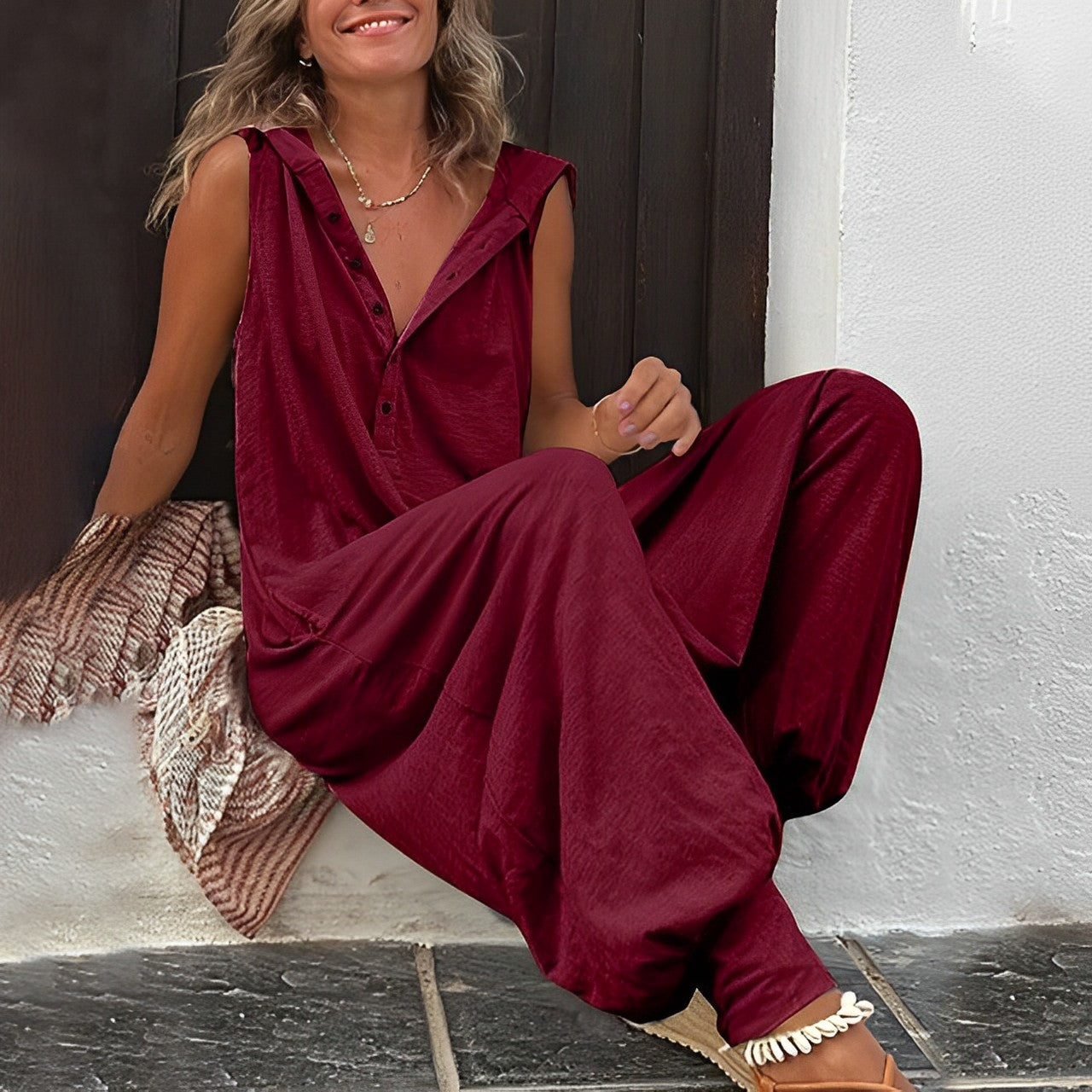Sleeveless Hooded Jumpsuit With Button Placket - Rosemarie