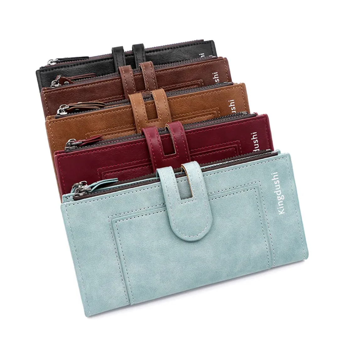 Dünne lange Lederbrieftasche, mehrfarbig, Reißverschluss, Damenaccessoire, stilvoll, elegant.