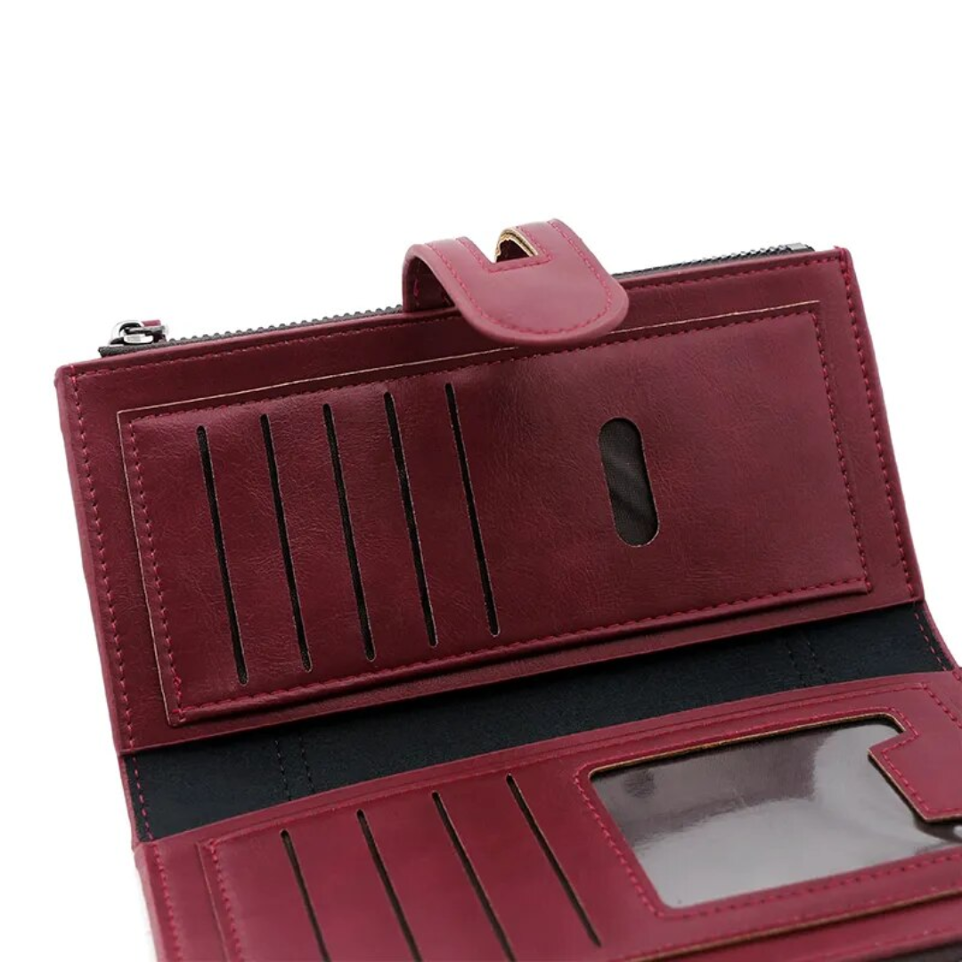Rote lange Leder-Geldbörse mit Kartenfächern und Reißverschluss, elegant und schlankes Design.