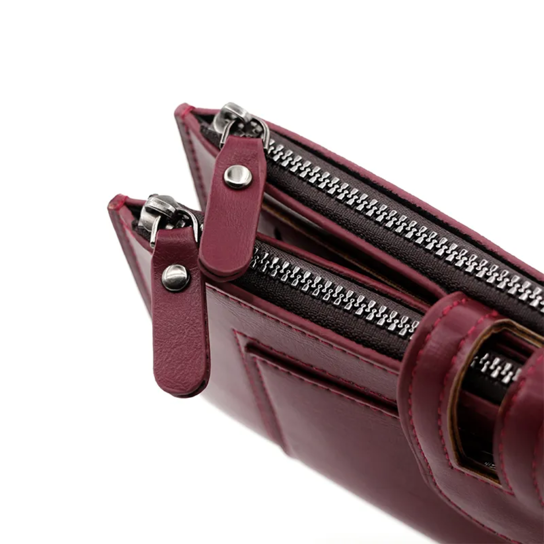 Schlanke lange Lederbrieftasche, rot, mit Reißverschluss, elegantes Design, Damenaccessoire.