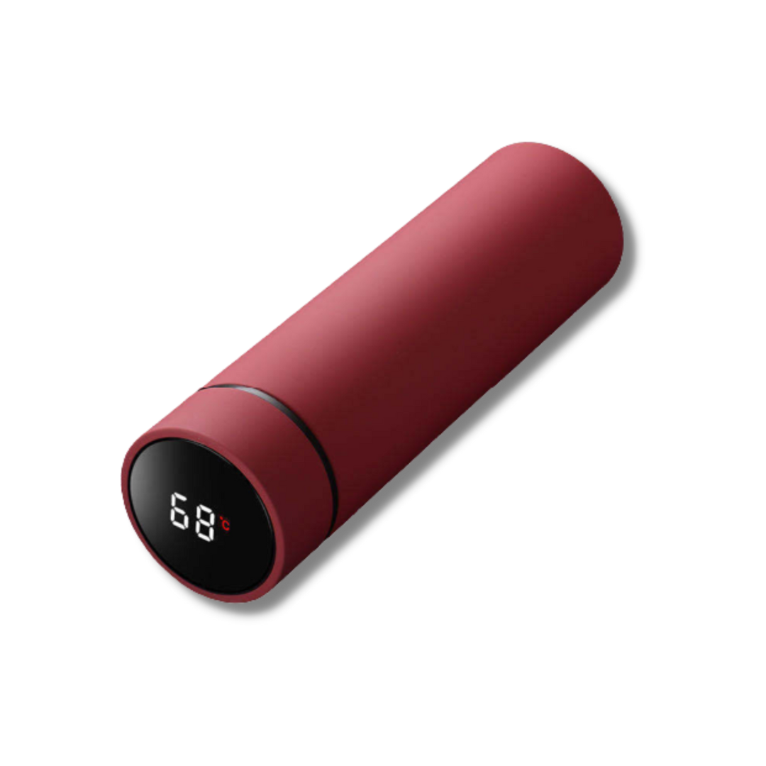 Rote smarte Thermosflasche mit Temperaturanzeige, Edelstahl, isoliert, tragbar.