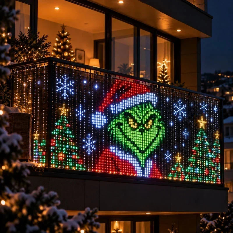 Lichtvorhang am Balkongeländer eines Hauses zeigt eine grüne Figur mit Weihnachtsmütze, umgeben von Tannenbäumen und 9