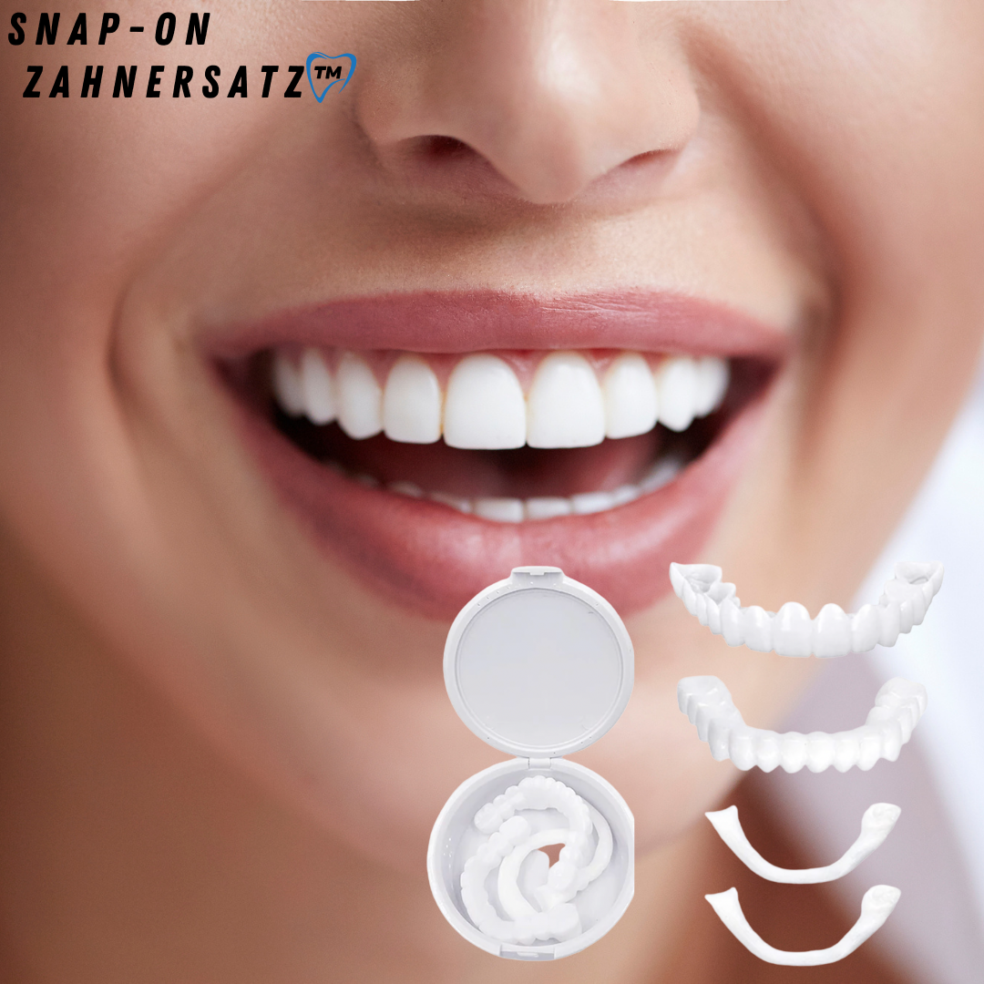 Nahaufnahme eines strahlenden Lächelns, darunter die weißen Aufsteck-Veneers einzeln und in einer runden weißen Aufbewahrungsdose. 2