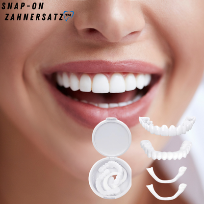 Nahaufnahme eines strahlenden Lächelns, darunter die weißen Aufsteck-Veneers einzeln und in einer runden weißen Aufbewahrungsdose. 2