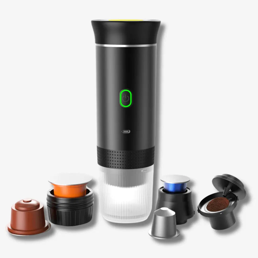 Tragbare Espressomaschine schwarz, kompatibel mit Kaffeekapseln, ideal für unterwegs.