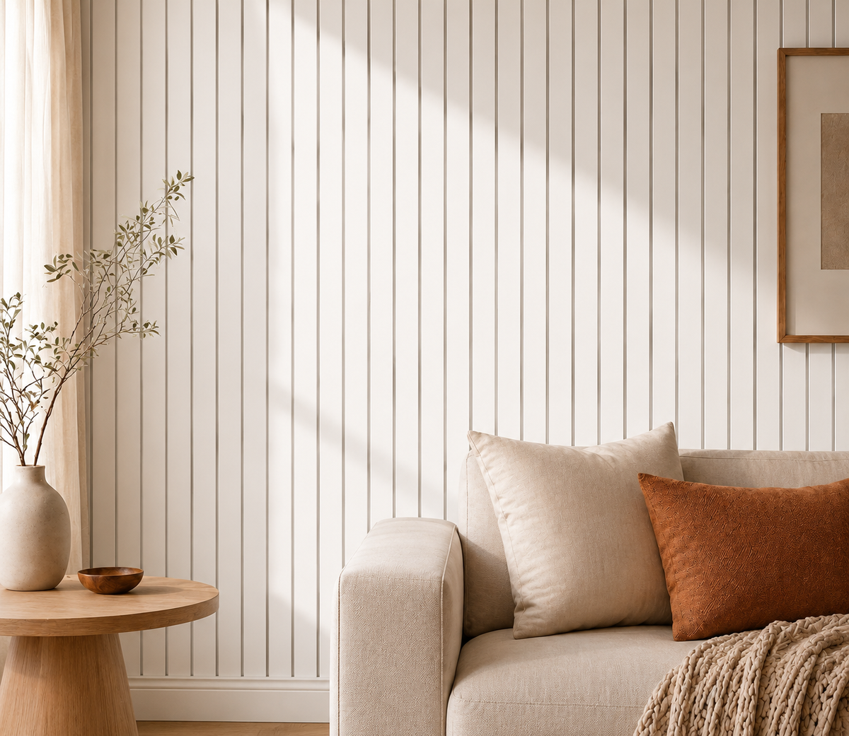 Weiße Lamellenwand im Sonnenlicht neben Sofa mit Kissen, Beistelltisch und Vase 11