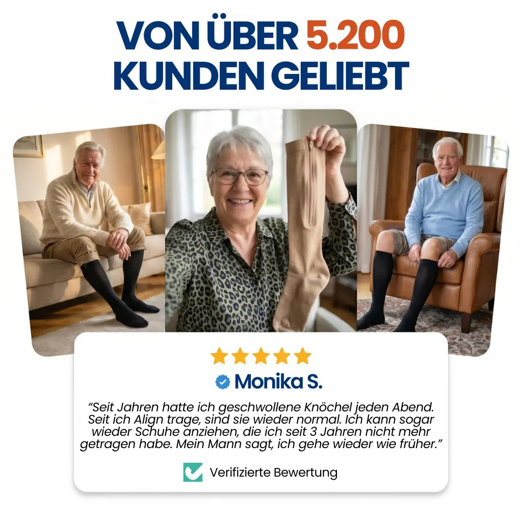 Collage dreier lächelnder Senioren mit Strümpfen, darunter eine fünfsternige Kundenbewertung 9