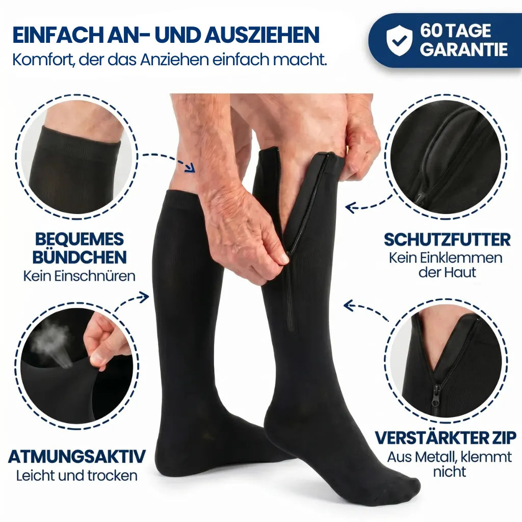 Schwarze Strümpfe beim Anziehen mit vier Detailkreisen zu Bündchen, Futter, Atmungsaktivität und verstärktem 7