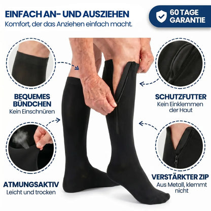 Schwarze Strümpfe beim Anziehen mit vier Detailkreisen zu Bündchen, Futter, Atmungsaktivität und verstärktem 7