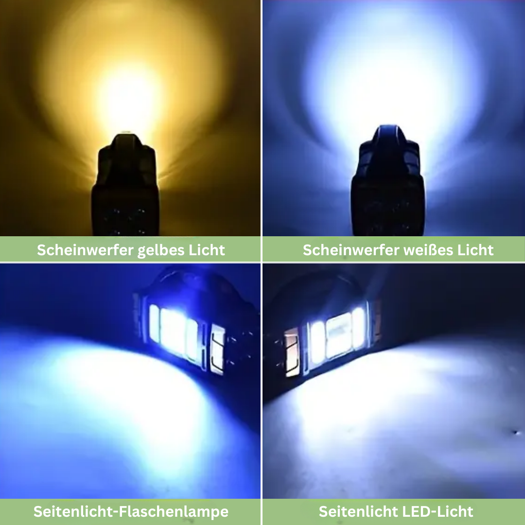 Vier Taschenlampenmodi: gelbes, weißes, blaues und LED-Licht, leistungsstarke Beleuchtung.
