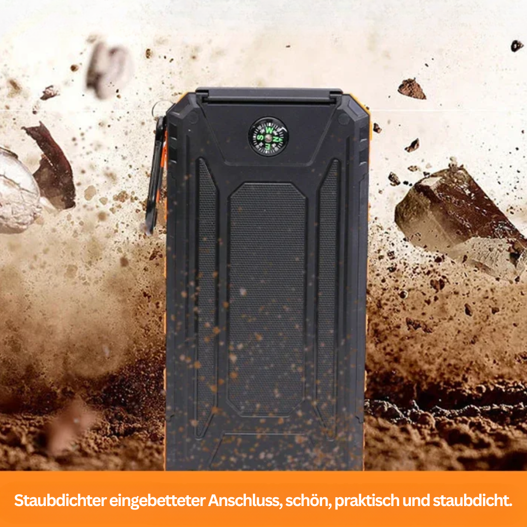 Schwarzes, staubdichtes Solarladegerät mit eingebautem Kompass, robust und tragbar.
