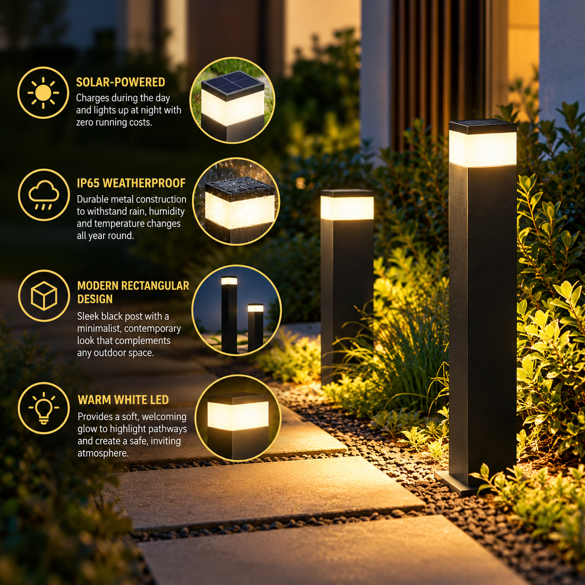 Infografik mit zwei leuchtenden Pollern am Gartenweg und vier Detailkreisen zu Solarpanel, Wetterschutz, Design und warmweißem Licht. 3