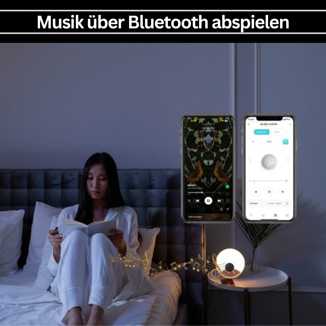 Frau liest im Bett, Bluetooth-Lautsprecher, Smartphone-Steuerung, moderne Schlafzimmerbeleuchtung.