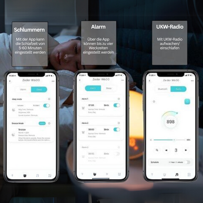 Smartphone mit Wecker-App, Schlummerfunktion, UKW-Radio, Zeder W600, Nachtmodus, Benutzeroberfläche.