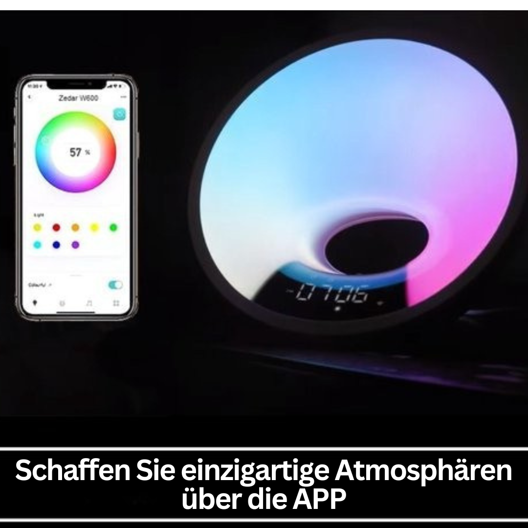 LED-Lampe mit App-Steuerung, Farbwechsel, rund, modern, schwarz, für stimmungsvolle Beleuchtung.