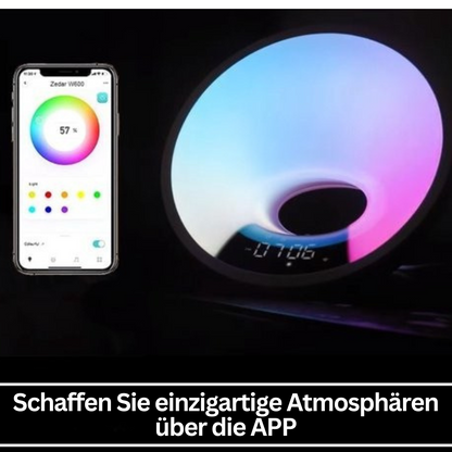 LED-Lampe mit App-Steuerung, Farbwechsel, rund, modern, schwarz, für stimmungsvolle Beleuchtung.
