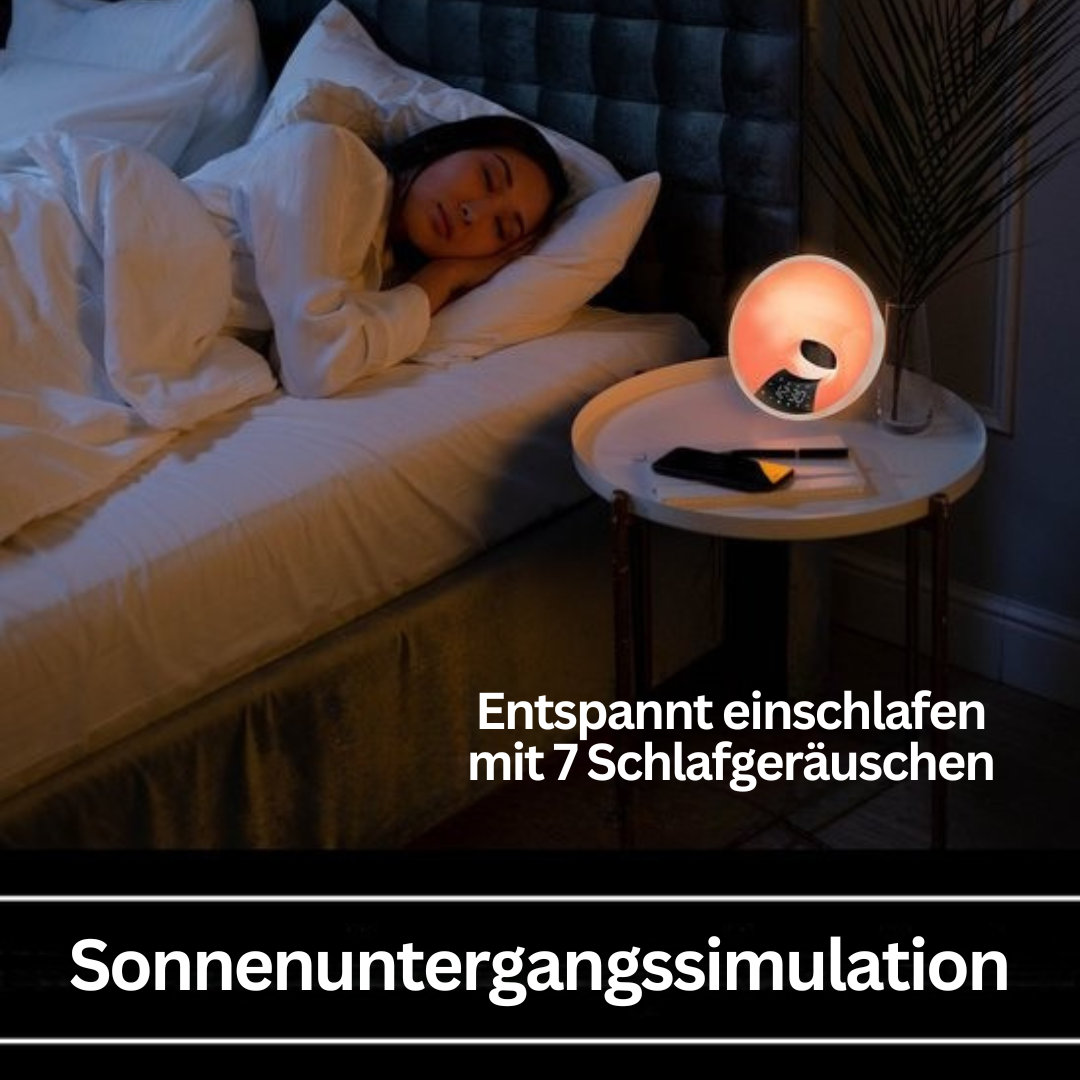 Frau schläft neben Soluna Lichtwecker mit Sonnenuntergangssimulation auf Nachttisch.
