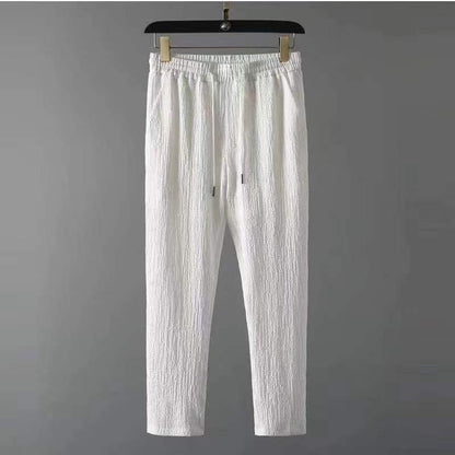 Weiße Herren-Freizeithose, elastischer Bund, Sommermode, klassisch, bequem, atmungsaktiv.