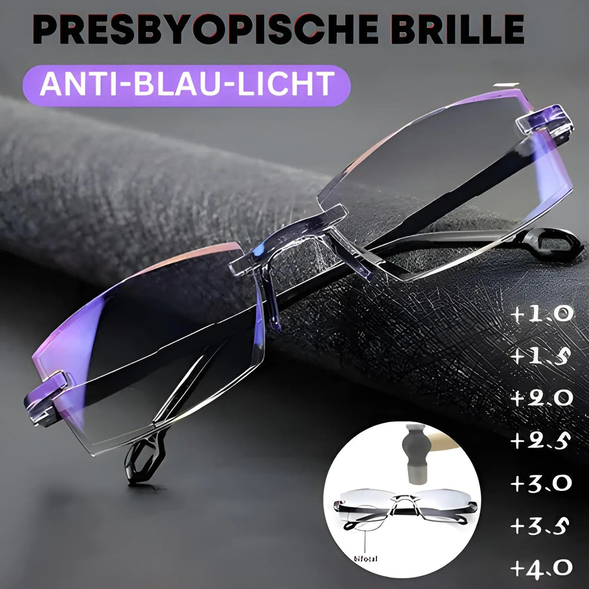 Randlose Brille mit blau schimmernden Gläsern liegt auf dunklem Stoff, daneben eine Liste der Stärken und ein Detailausschnitt der Bifokal-Zone. 2
